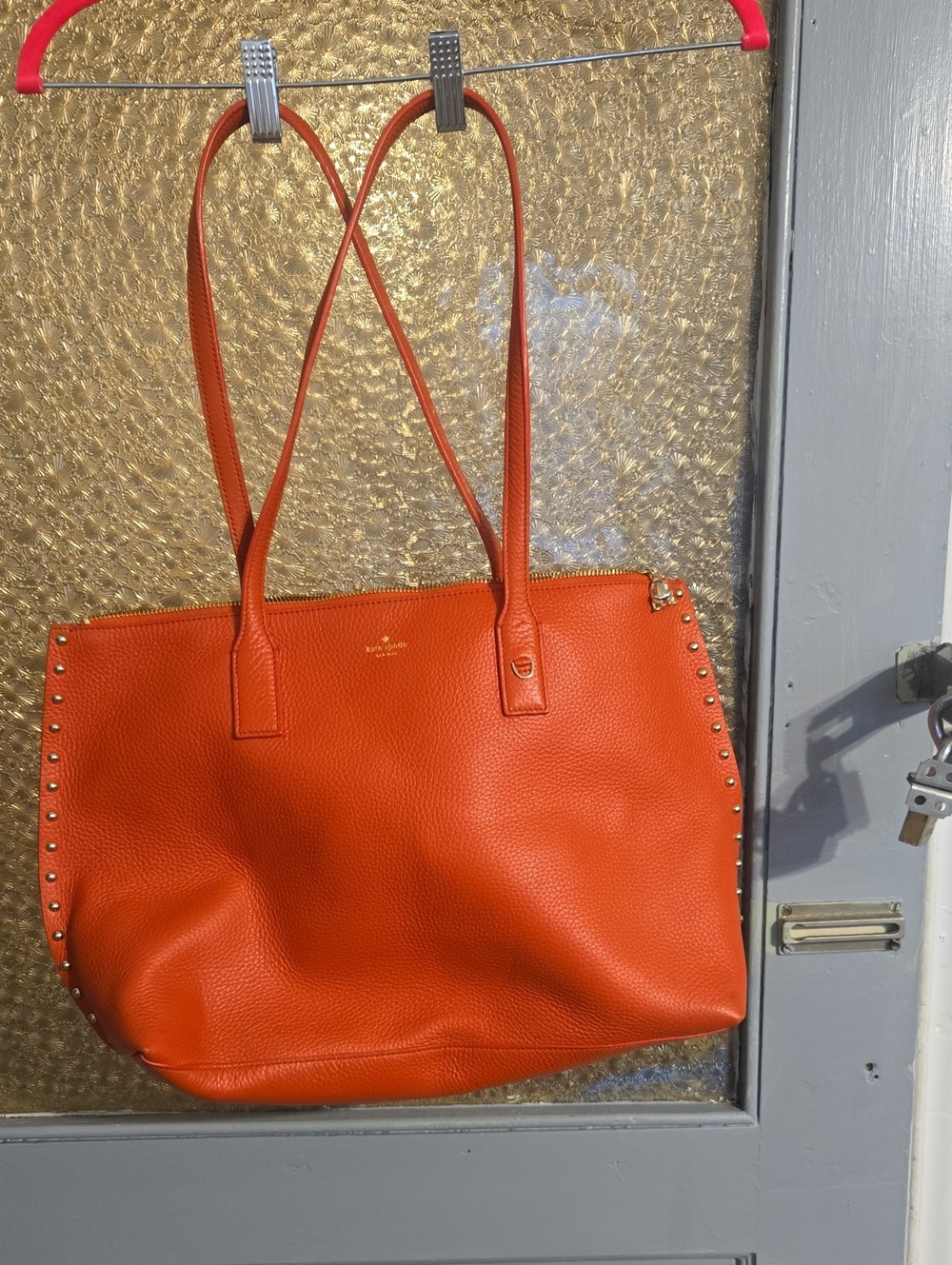 kate spade Blood orange pebbled leather studded tote